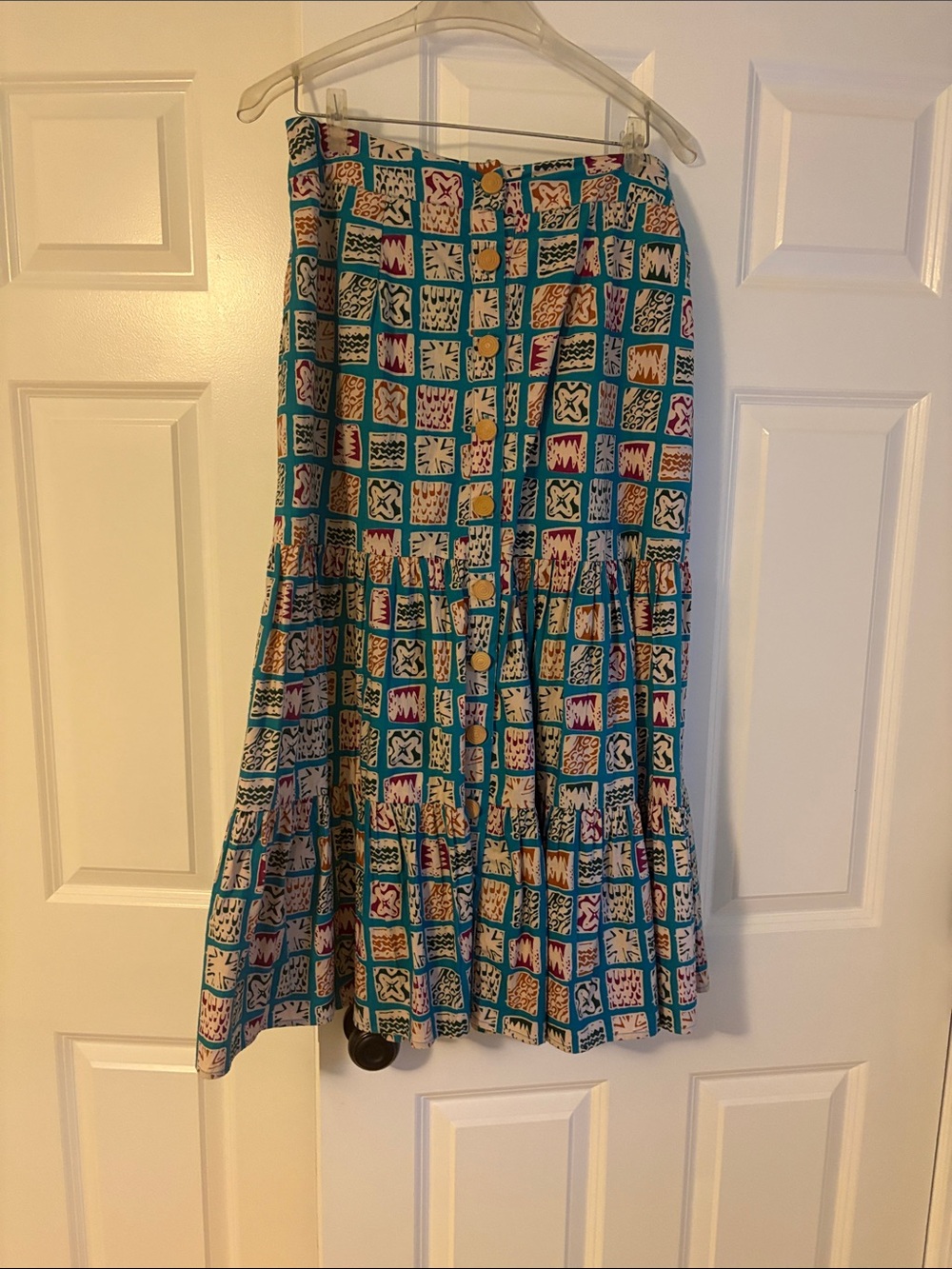 Turquoise Printed Tiered Midi Skirt with Button Front